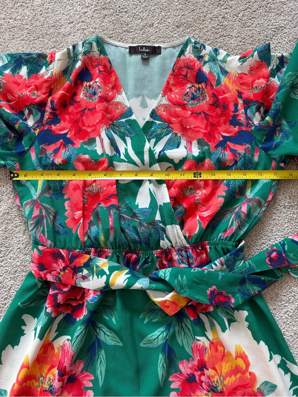 Lulus Green Floral Wrap Dress Size Small Tie Waist Flutter Sleeve Mini Dress - Picture 4 of 4